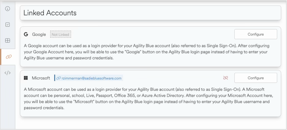 Linked accounts for Google and Microsoft with configuration options displayed.